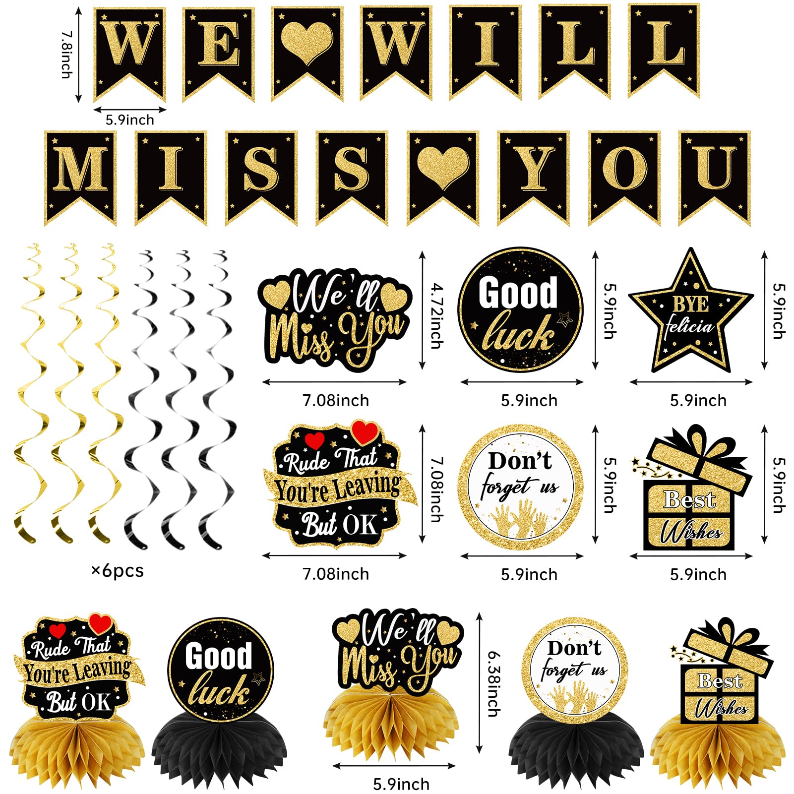 Turypaty Retirement Party Decorations Supplies for Men Women, 45PCS Black Gold Farewell Decorations, We Will Miss You Banner Backdrop Table Toppers Hanging swirls Pompoms Going Away Party Decorations