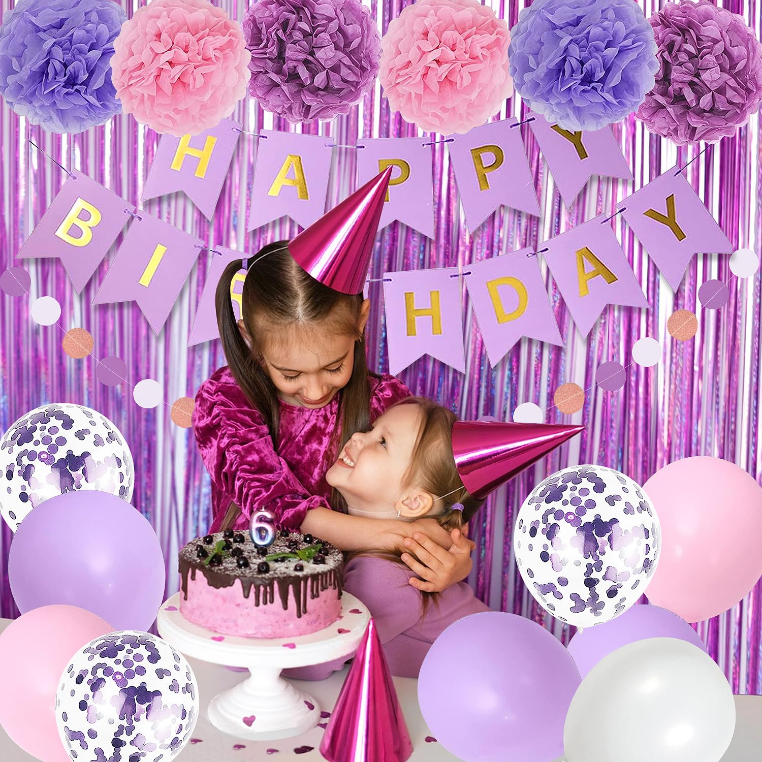 Upgraded Purple Pink Birthday Party Decorations for Women Girls with Happy Birthday Banner,Tissue Paper Pompoms,Circle Dots Garland,Fringe Curtains,Birthday Balloons,Purple Birthday Decor