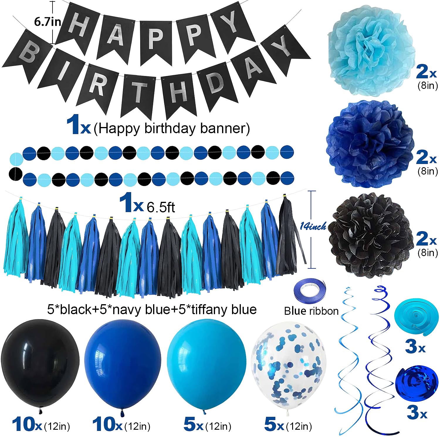 Black Blue Birthday Party Decorations for Men Boys with Happy Birthday Banner,Hanging Swirls,Tissue Paper Pompoms,Circle Dots Garland,Tassel Garland and Blue Birthday Balloons