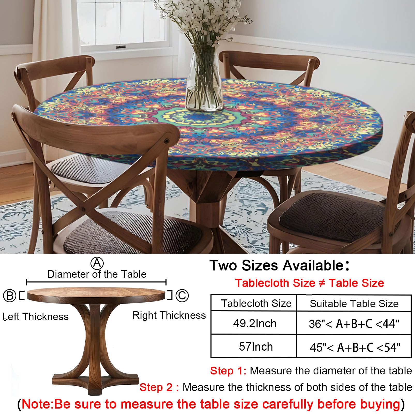 Opstellen Round Tablecloth Waterproof Fitted Boho Vinyl Table Cloth Summer Fall Outdoor Circle Cover for 36-44" Tables Dining Kitchen Apartment Essentials Picnic Camping Party Decor Housewarming Gifts