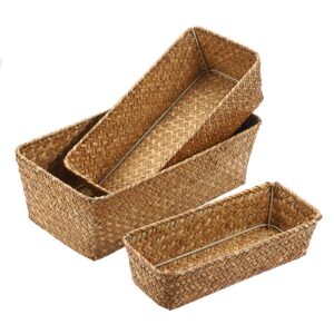 oganazi 3 natural wicker basket set rectangular handwoven seagrass basket storage bins home organizer bins - household basket box for shelf wardrobe desktop home decor (caramel)