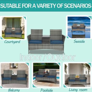 Pierybyt Patio Conversation Furniture Set Outdoor Patio Loveseat Rattan Chair Set with Cushions and Built-in Coffee Table Porch Furniture for Garden Lawn Backyard (Grey-Blue)