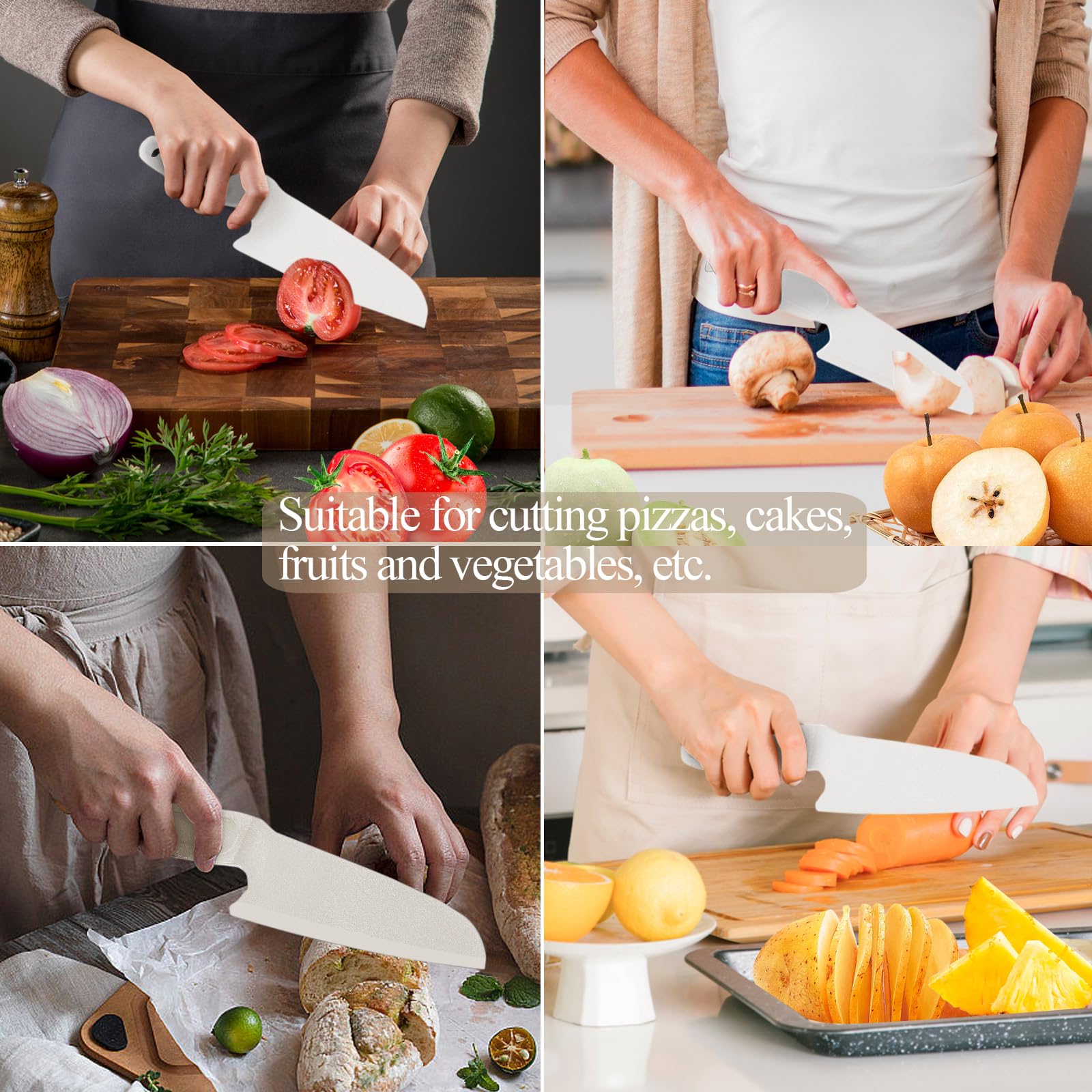 Nylon Knife Safe for Kids, Professional Lettuce Knife for Real Cooking, 428℉/220℃ Heat-resistant Plastic Knife for Nonstick Pans, Best as Bread Knife etc. (Round-base-White)