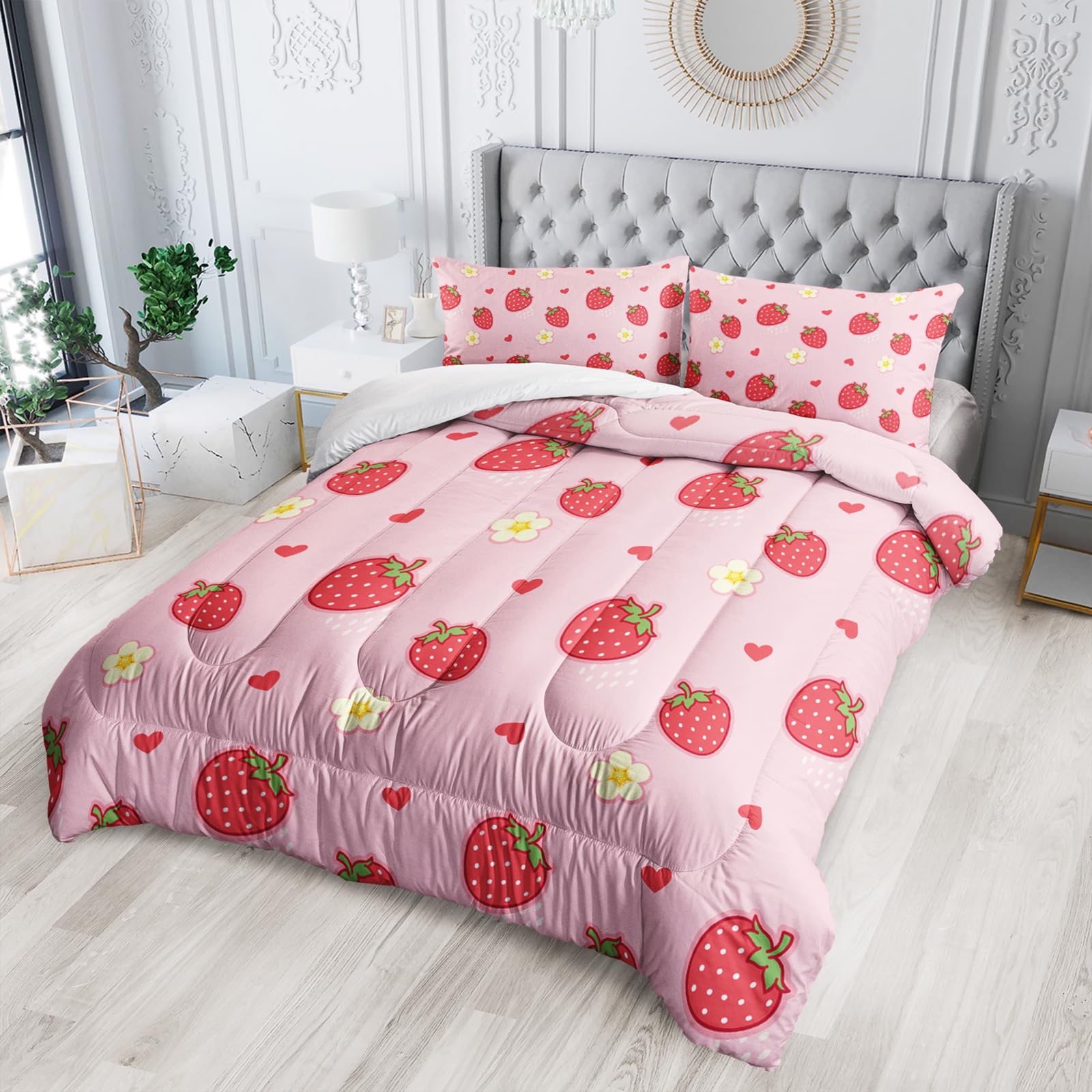 Nttopship Cute Strawberry Comforter Sets，Bedding Sets Full Size for Kids,Cute Strawberries and Flowers Comforter Sets All Season 1 Comforter and 2 Pillowcases