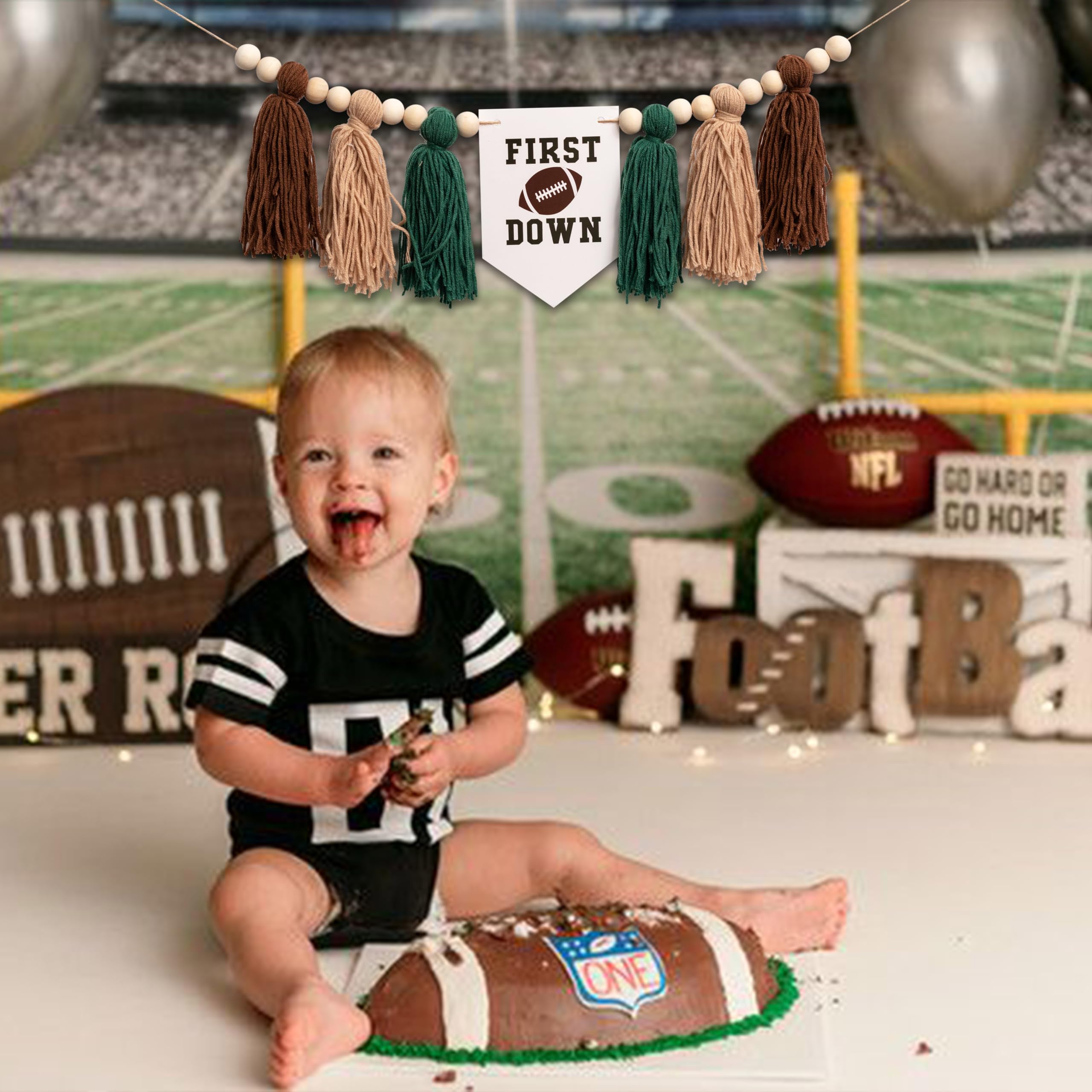 CIEQR Football Highchair Banner 1st Birthday - First Year Down Birthday Banner, Tassels Birthday Decorations for First Birthday Party, Anniversary, Baby Shower, Photo Booth Props... (Green)