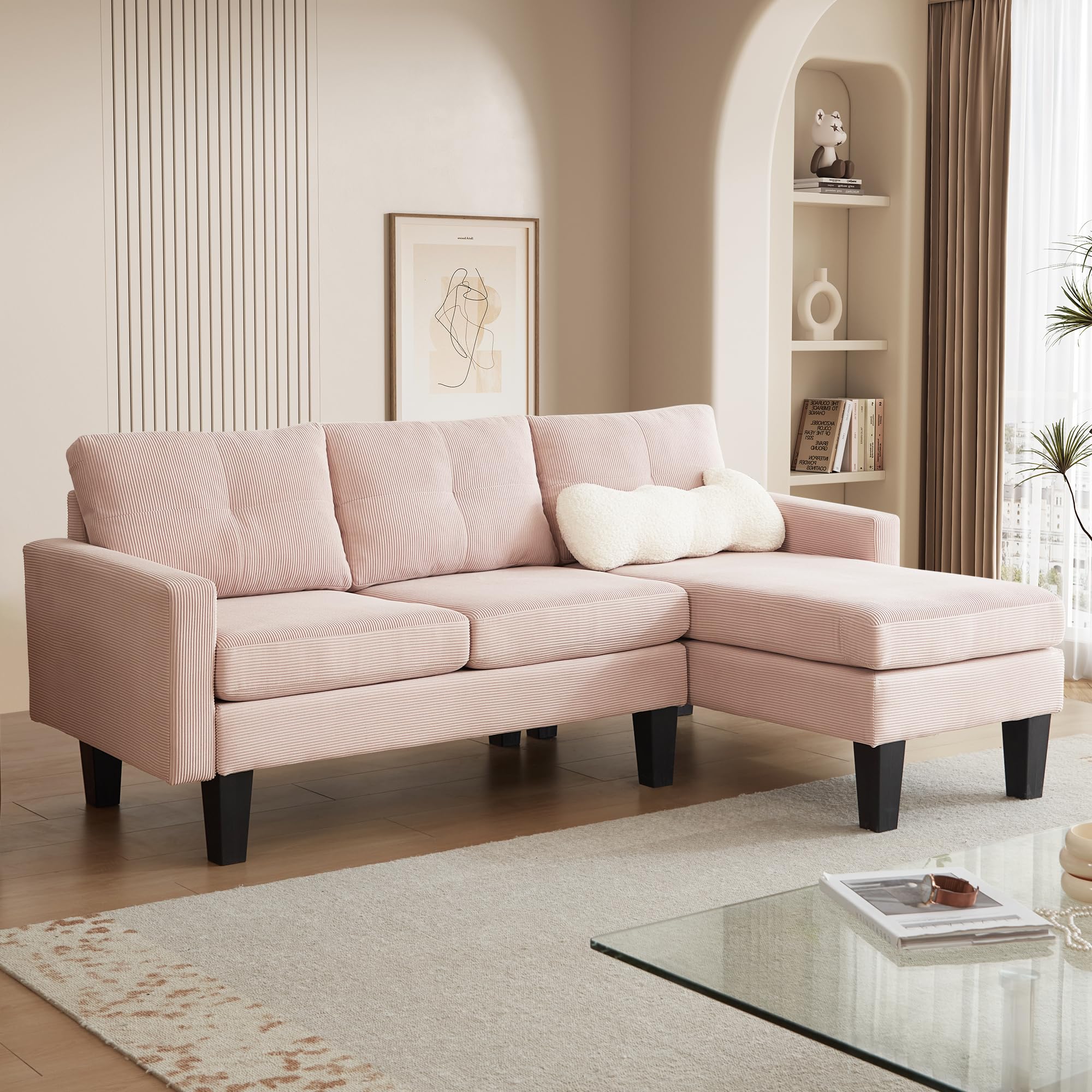 XIZZI 80" Small Sectional Sofa Couches for Living Room,L-Shape Sofa Couch with Chaise,Cloud Couch for Office,Comfy Chaise Sofa for Apartment Small Space (Corduroy,Right Facing Chaise, Pink)