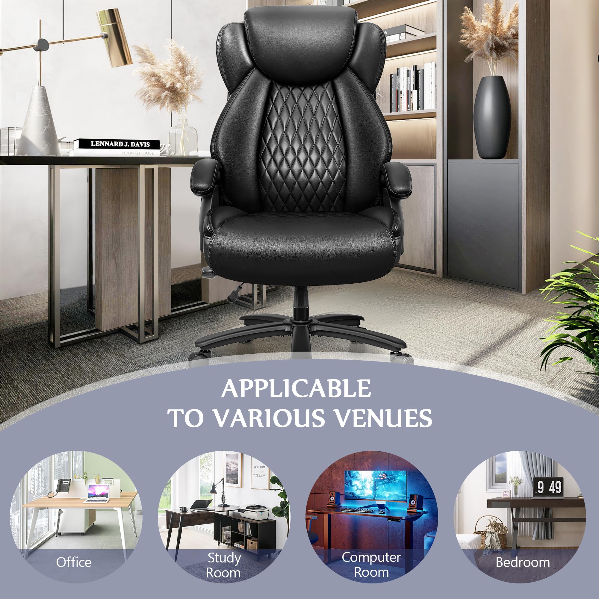 Big and Tall Office Chair 500lbs, Heavy Duty Executive Desk Chair with Adjustable Lumbar Support, Comfy Padded Cushion, Ergonomic PU Leather Home Computer Chair with Extra Wide Seat, Black