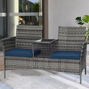 Pierybyt Patio Conversation Furniture Set Outdoor Patio Loveseat Rattan Chair Set with Cushions and Built-in Coffee Table Porch Furniture for Garden Lawn Backyard (Grey-Blue)