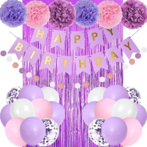 upgraded purple pink birthday party decorations for women girls with happy birthday banner,tissue paper pompoms,circle dots garland,fringe curtains,birthday balloons,purple birthday decor