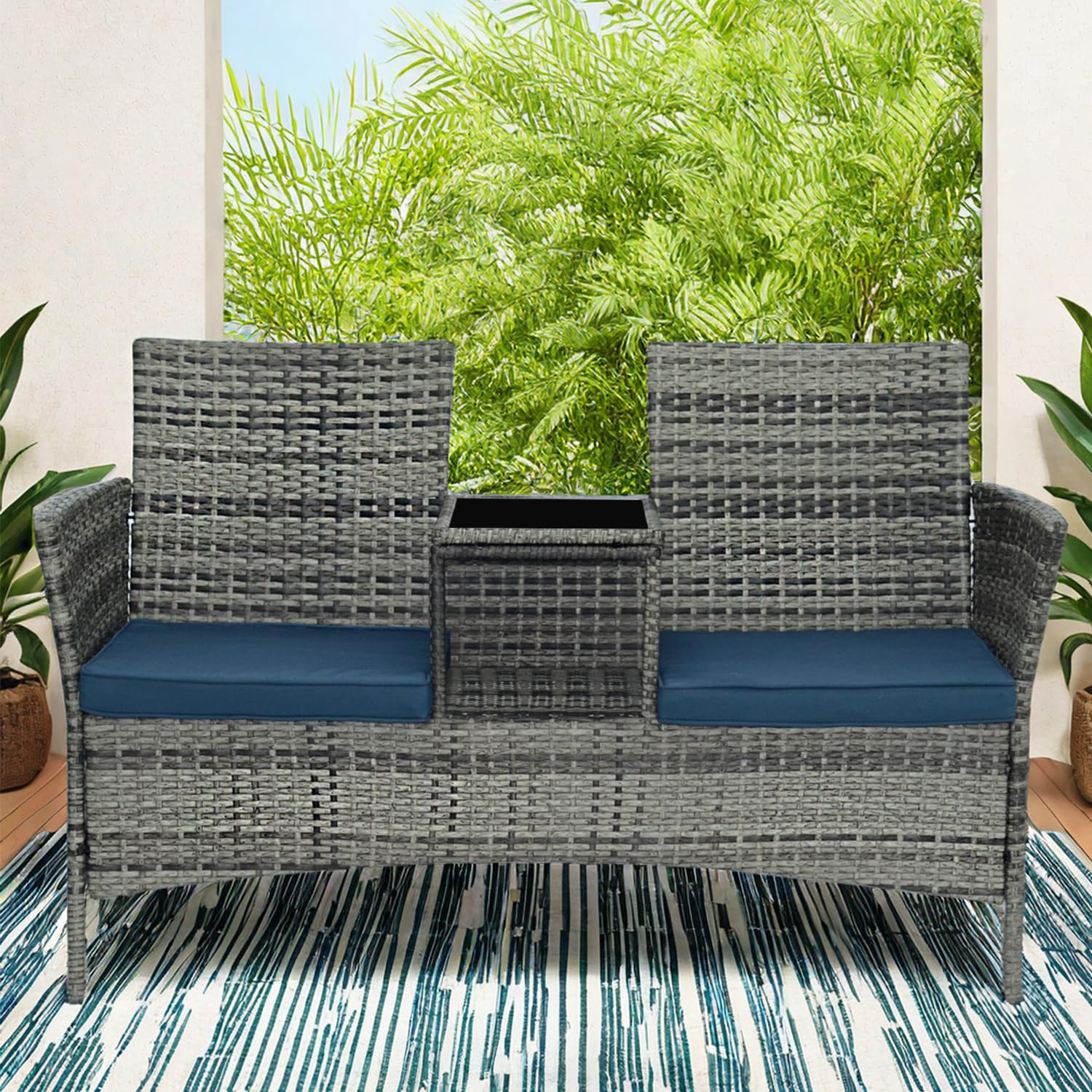 Pierybyt Patio Conversation Furniture Set Outdoor Patio Loveseat Rattan Chair Set with Cushions and Built-in Coffee Table Porch Furniture for Garden Lawn Backyard (Grey-Blue)