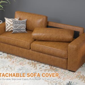 ABCASA 85" Faux Leather Couch with Padded Cushions, Mid-Century Modern Sofa with Extra Deep Seats, 3-Seater Sofa Couch for Living Room Apartment Lounge, Brown