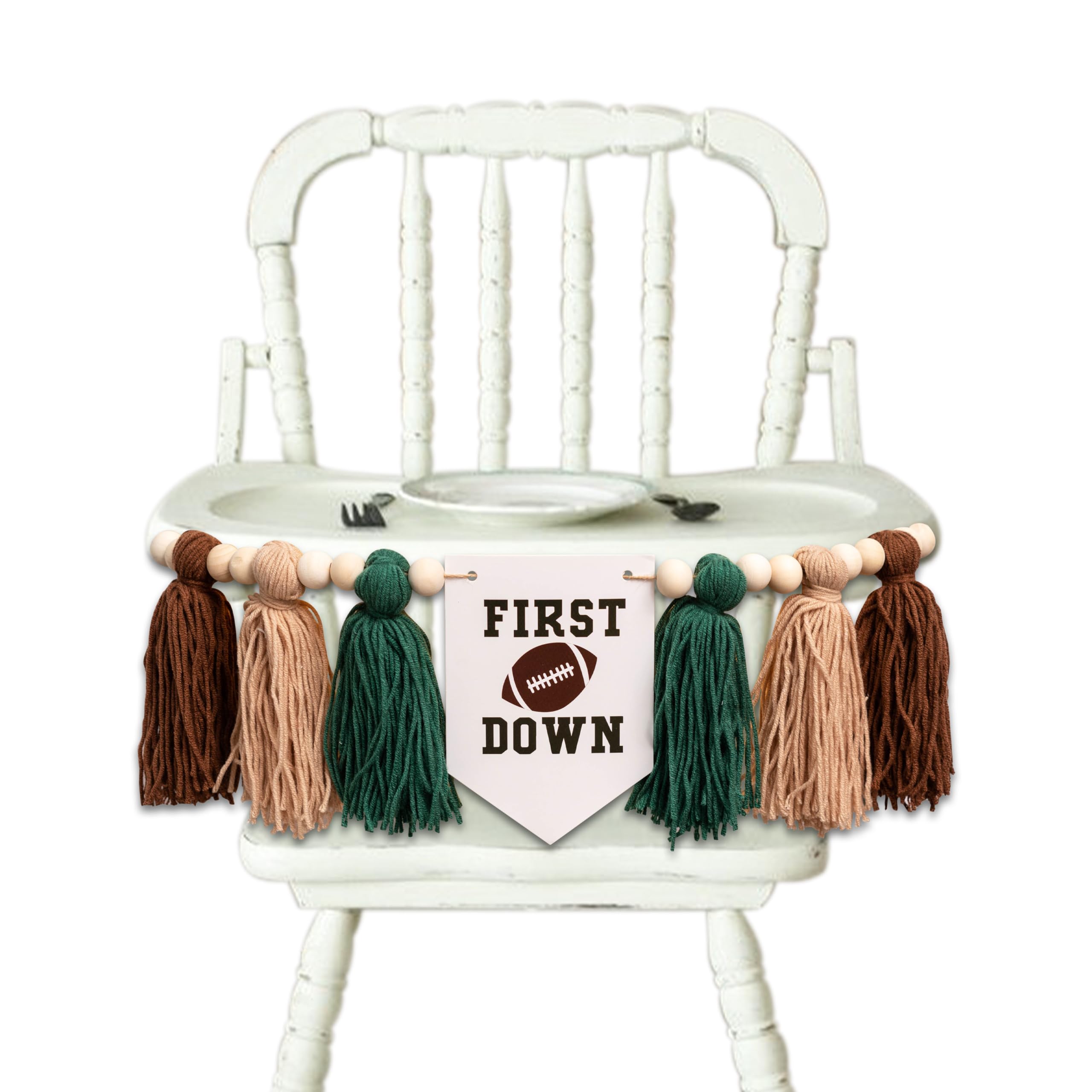 CIEQR Football Highchair Banner 1st Birthday - First Year Down Birthday Banner, Tassels Birthday Decorations for First Birthday Party, Anniversary, Baby Shower, Photo Booth Props... (Green)