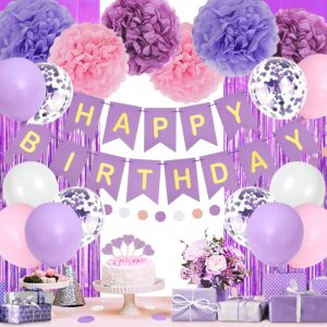 upgraded purple pink birthday party decorations for women girls with happy birthday banner,tissue paper pompoms,circle dots garland,fringe curtains,birthday balloons,purple birthday decor