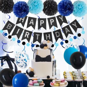 Black Blue Birthday Party Decorations for Men Boys with Happy Birthday Banner,Hanging Swirls,Tissue Paper Pompoms,Circle Dots Garland,Tassel Garland and Blue Birthday Balloons