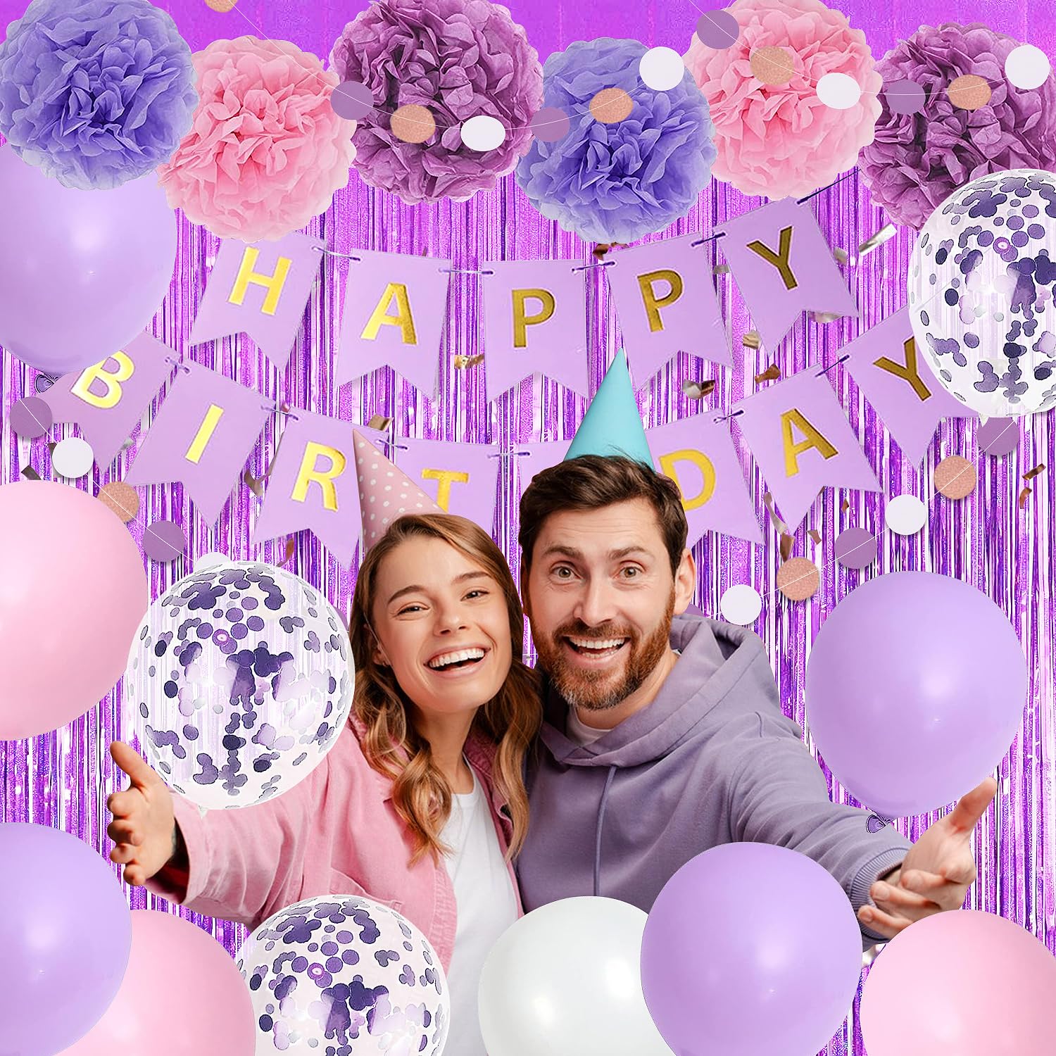 Upgraded Purple Pink Birthday Party Decorations for Women Girls with Happy Birthday Banner,Tissue Paper Pompoms,Circle Dots Garland,Fringe Curtains,Birthday Balloons,Purple Birthday Decor