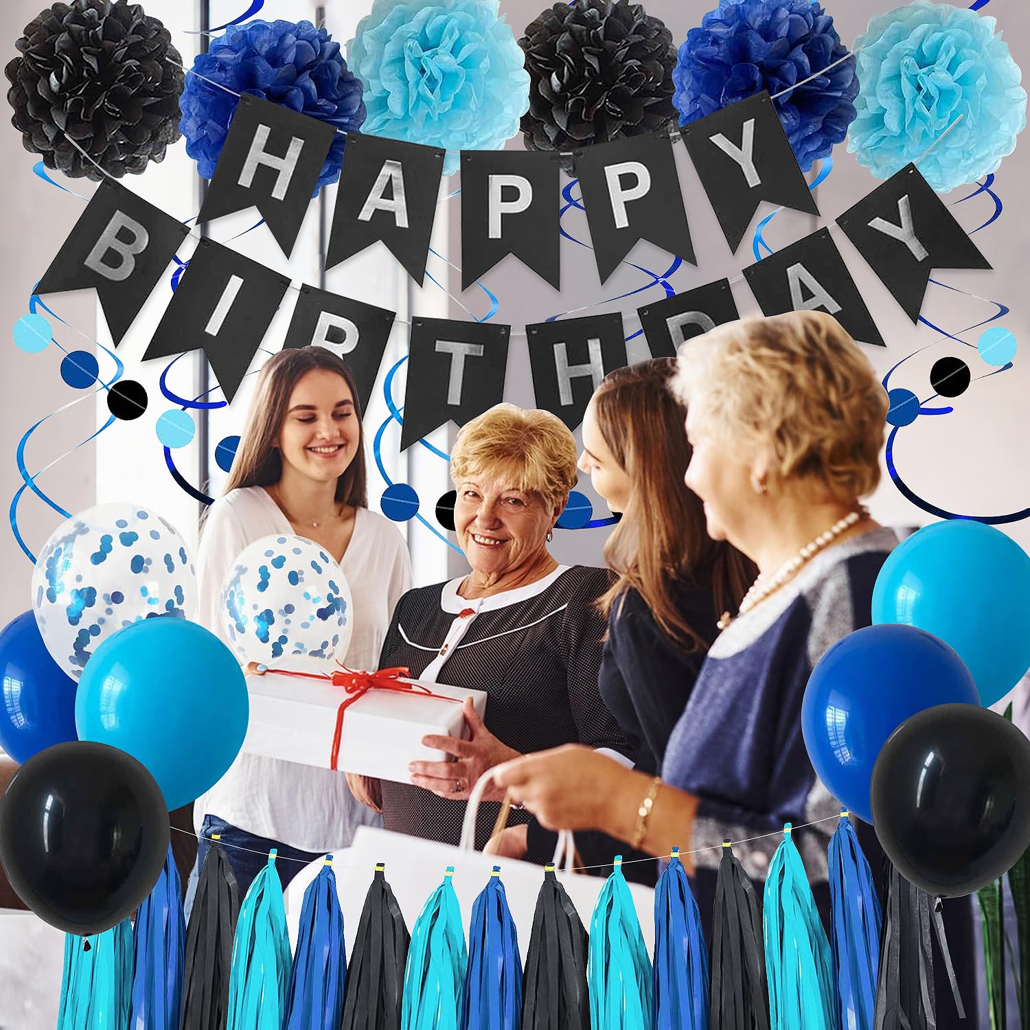 Black Blue Birthday Party Decorations for Men Boys with Happy Birthday Banner,Hanging Swirls,Tissue Paper Pompoms,Circle Dots Garland,Tassel Garland and Blue Birthday Balloons