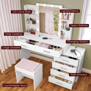 FIONESO Vanity Desk with Mirror & Lights, Makeup Vanity with 6 Drawers, 6 Open Shelves and Power Outlet, 48” Storage Makeup Vanity Desk with Stool Bench for Women, Girls, Bedroom, White