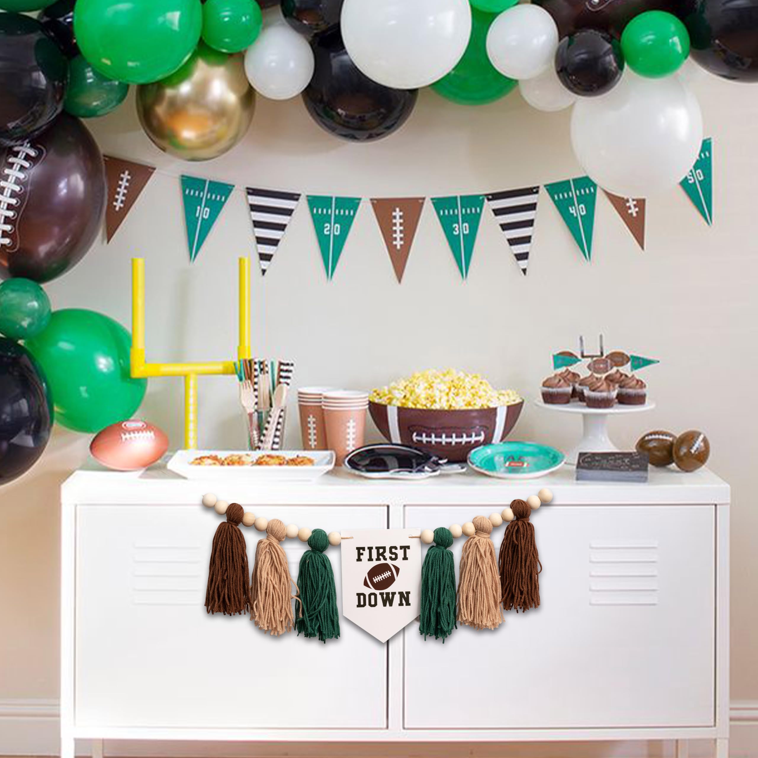 CIEQR Football Highchair Banner 1st Birthday - First Year Down Birthday Banner, Tassels Birthday Decorations for First Birthday Party, Anniversary, Baby Shower, Photo Booth Props... (Green)