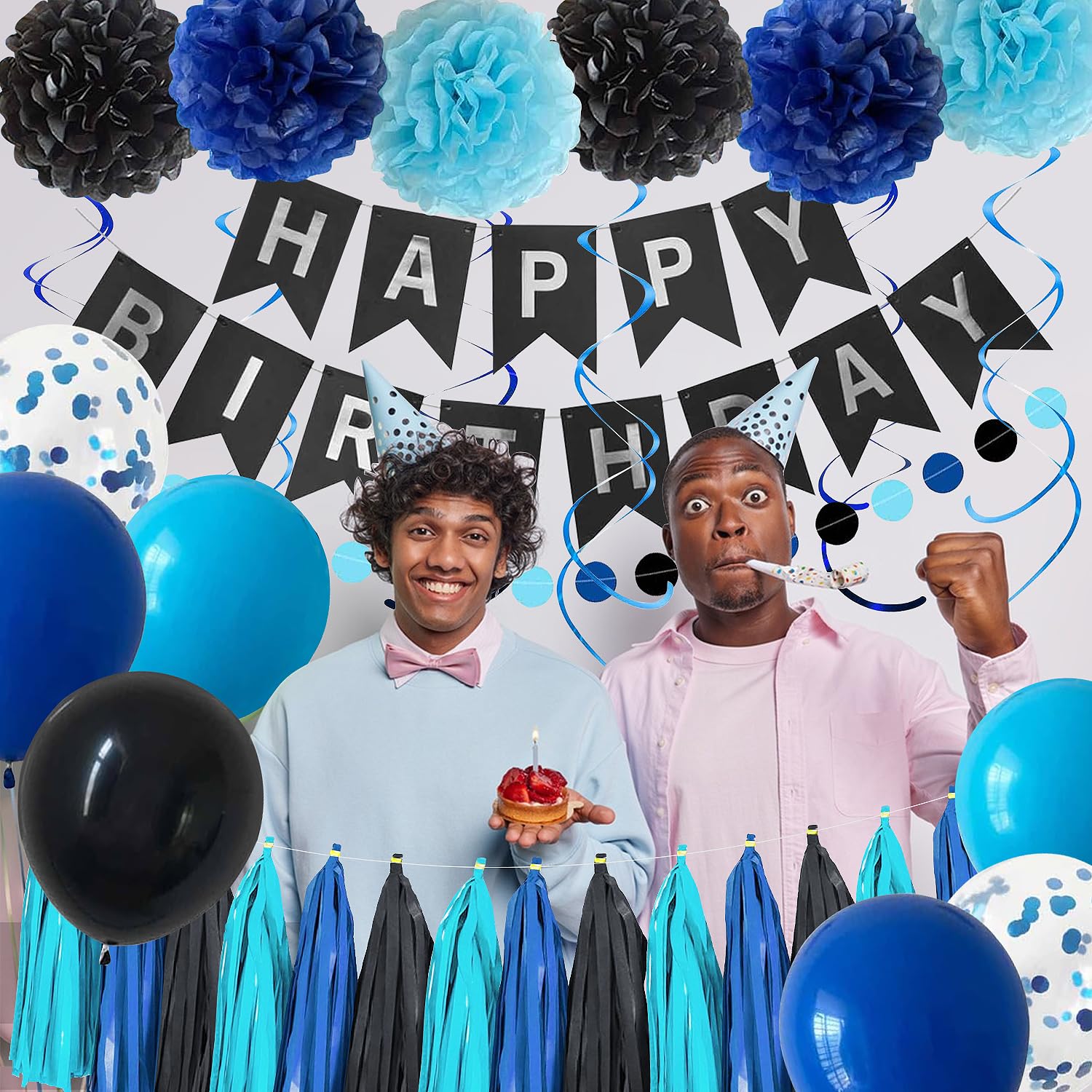 Black Blue Birthday Party Decorations for Men Boys with Happy Birthday Banner,Hanging Swirls,Tissue Paper Pompoms,Circle Dots Garland,Tassel Garland and Blue Birthday Balloons