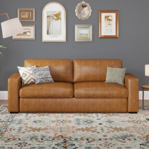 abcasa 85" faux leather couch with padded cushions, mid-century modern sofa with extra deep seats, 3-seater sofa couch for living room apartment lounge, brown