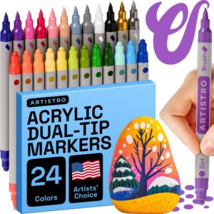 artistro 24 acrylic paint markers for fabric, rocks, paper, wood, canvas, glass, diy - safe for kids dual tip acrylic paint pens (dual tip dot + brush, 24)