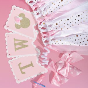 Minnie Mouse 2nd Highchair Banner - Minnie 2nd Birthday Party Decorations,Pink Gold Two High Chair Ribbon Banner,Minnie Mouse Inspired Party Supplies,Sweet Girl Second Birthday Banner Photo Props