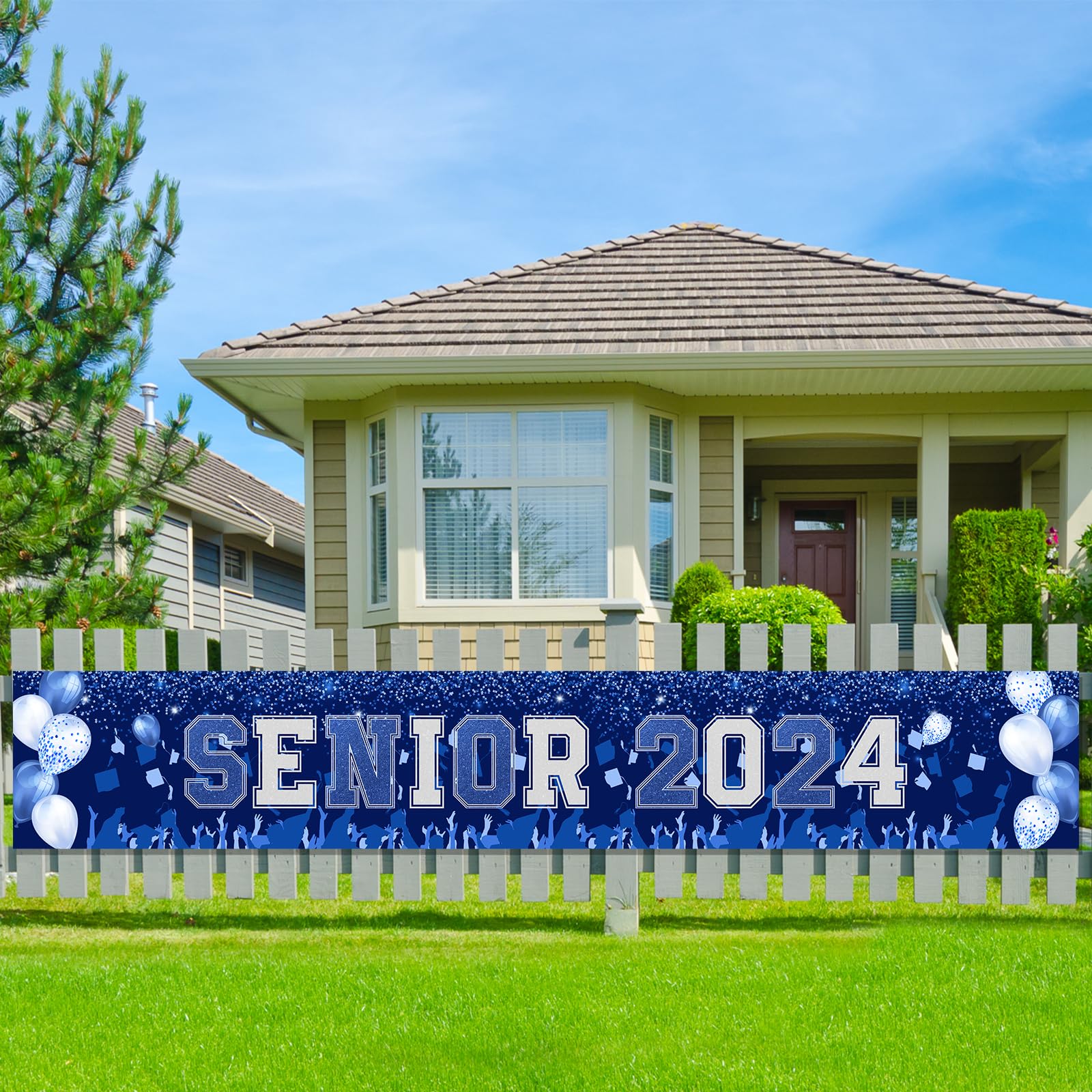 Senior 2024 Graduation Banner Blue Glitter Larger Senior Graduation Banner Yard Sign Lawn Outdoor Garden Polyester Banner for Class of 2024 Graduation Decorations