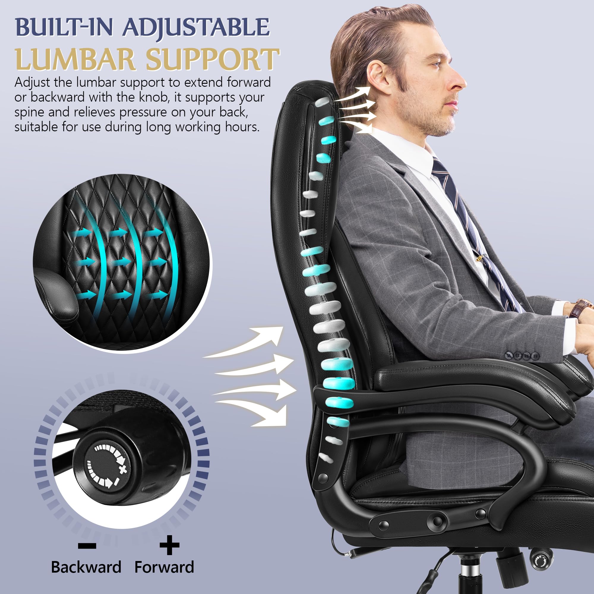 Big and Tall Office Chair 500lbs, Heavy Duty Executive Desk Chair with Adjustable Lumbar Support, Comfy Padded Cushion, Ergonomic PU Leather Home Computer Chair with Extra Wide Seat, Black