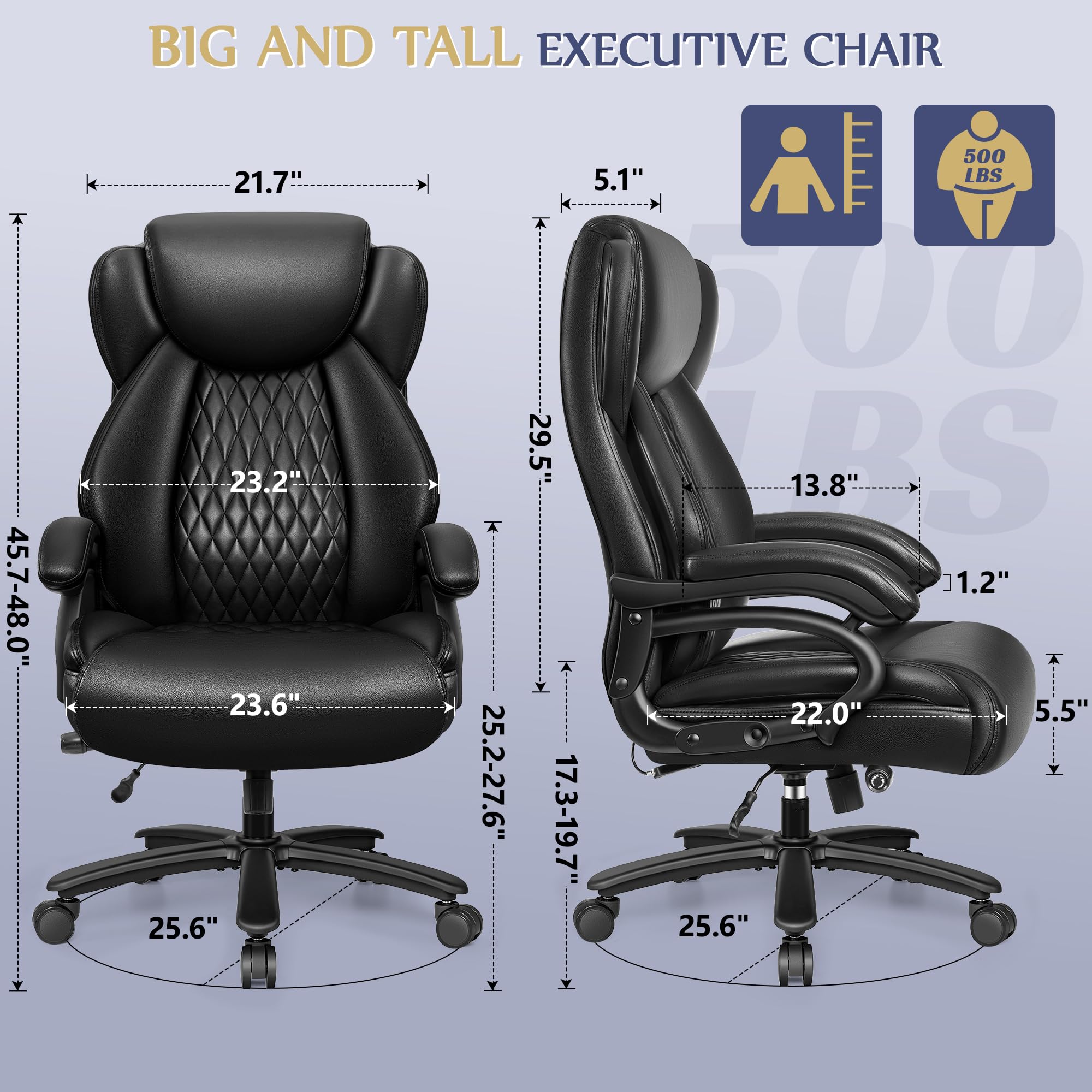 Big and Tall Office Chair 500lbs, Heavy Duty Executive Desk Chair with Adjustable Lumbar Support, Comfy Padded Cushion, Ergonomic PU Leather Home Computer Chair with Extra Wide Seat, Black