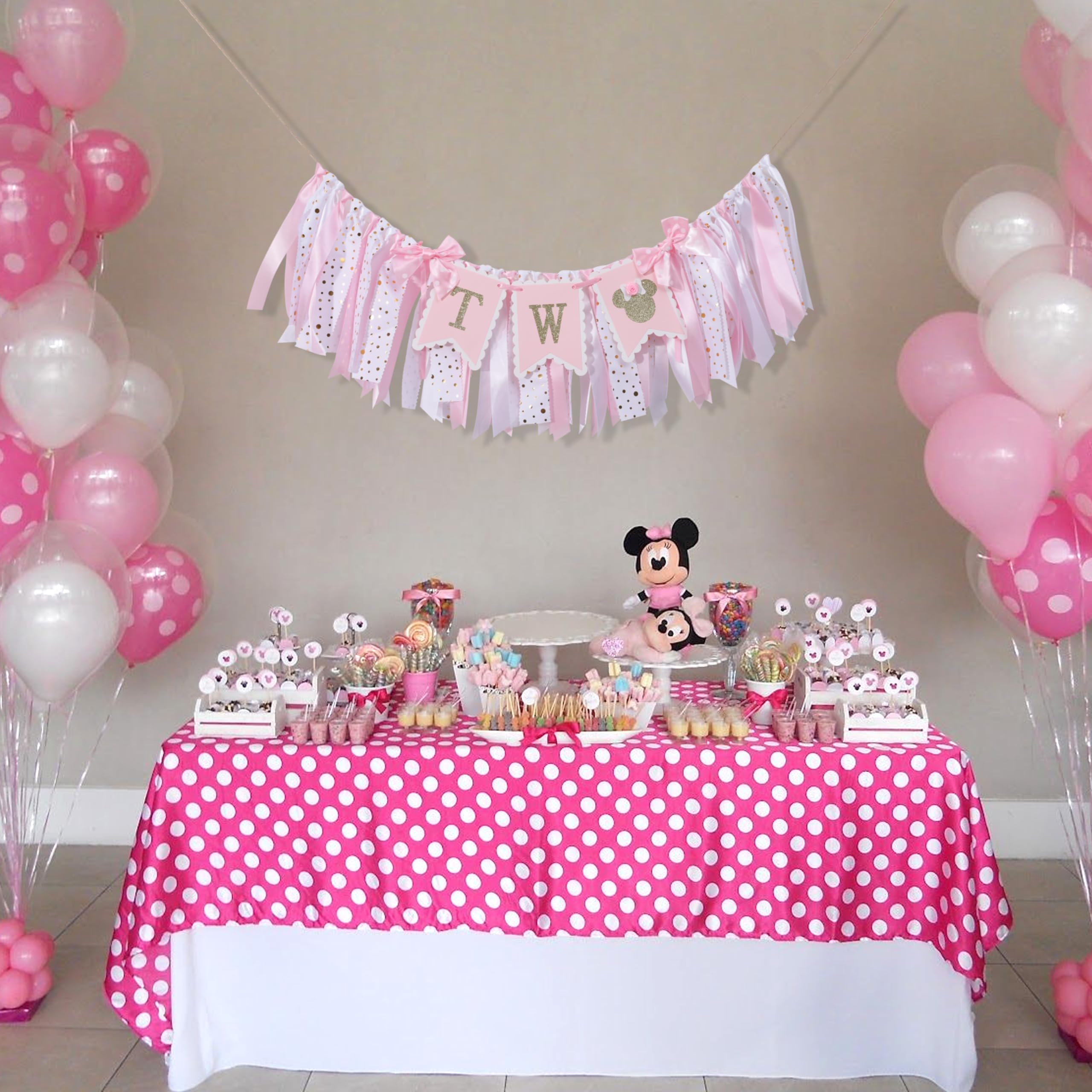 Minnie Mouse 2nd Highchair Banner - Minnie 2nd Birthday Party Decorations,Pink Gold Two High Chair Ribbon Banner,Minnie Mouse Inspired Party Supplies,Sweet Girl Second Birthday Banner Photo Props