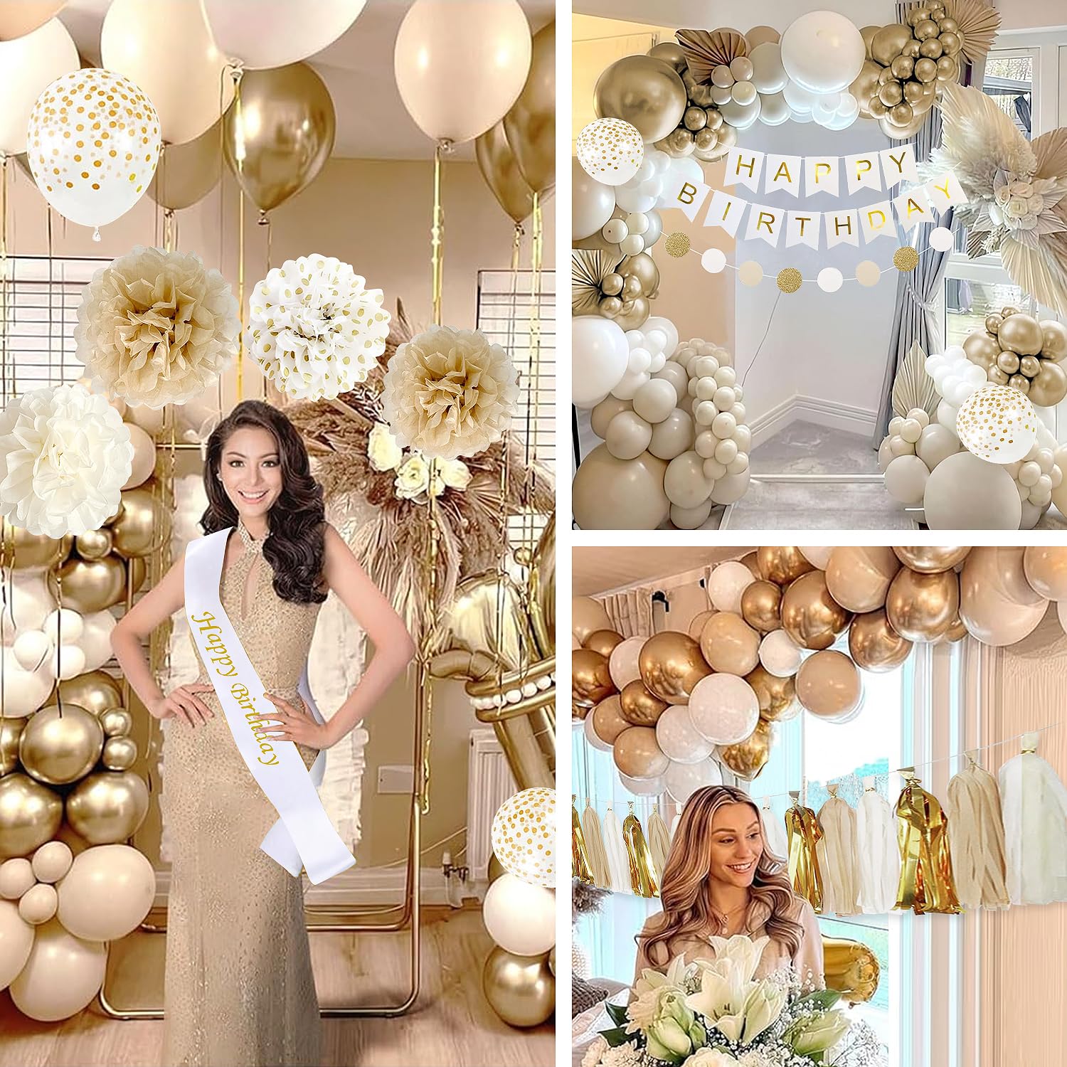 Upgraded Gold White Birthday Party Decorations for Girls Women Men with Happy Birthday Sash,Banner,Tissue Pompoms,Circle Dots Garland,Paper Tassels Garland, cake topper for Her Birthday Decor