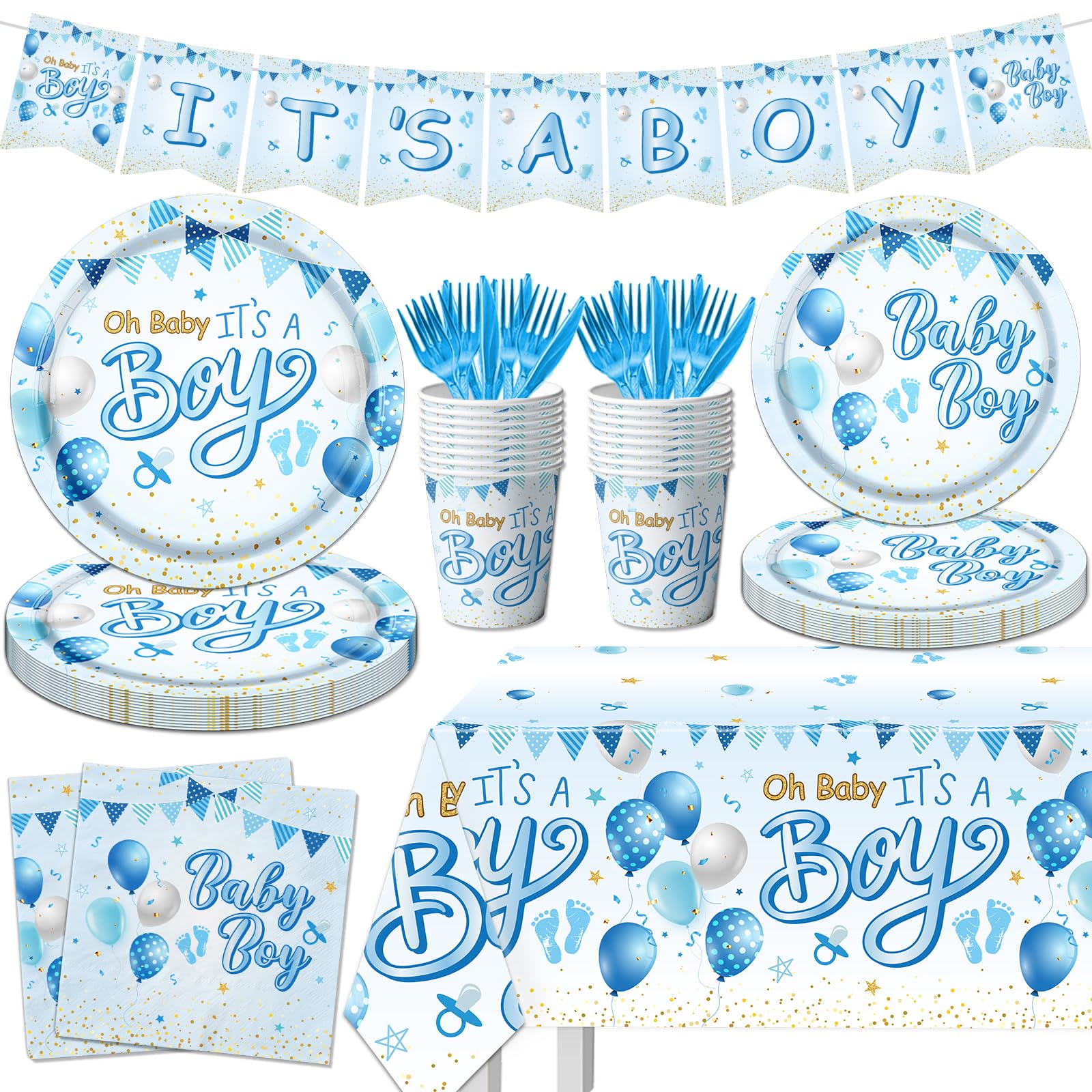 Blue Baby Shower Decorations for Boy, It's a Boy Baby Shower Party Supplies with Baby Boy Plates Napkins Cups Banner Tablecloth for Baby Boy Gender Reveal Baby Shower Party Decor