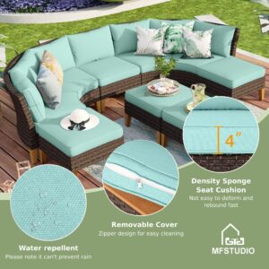 MFSTUDIO 12 Pieces Extra Large Wicker Patio Furniture Set, Rattan Outdoor Half-Moon Sectional Sofa Curved Patio Conversation Set, 8 x Curved Sofa, 2 x Armless Sofa, 2 x Ottoman(Aqua Blue Cushion)