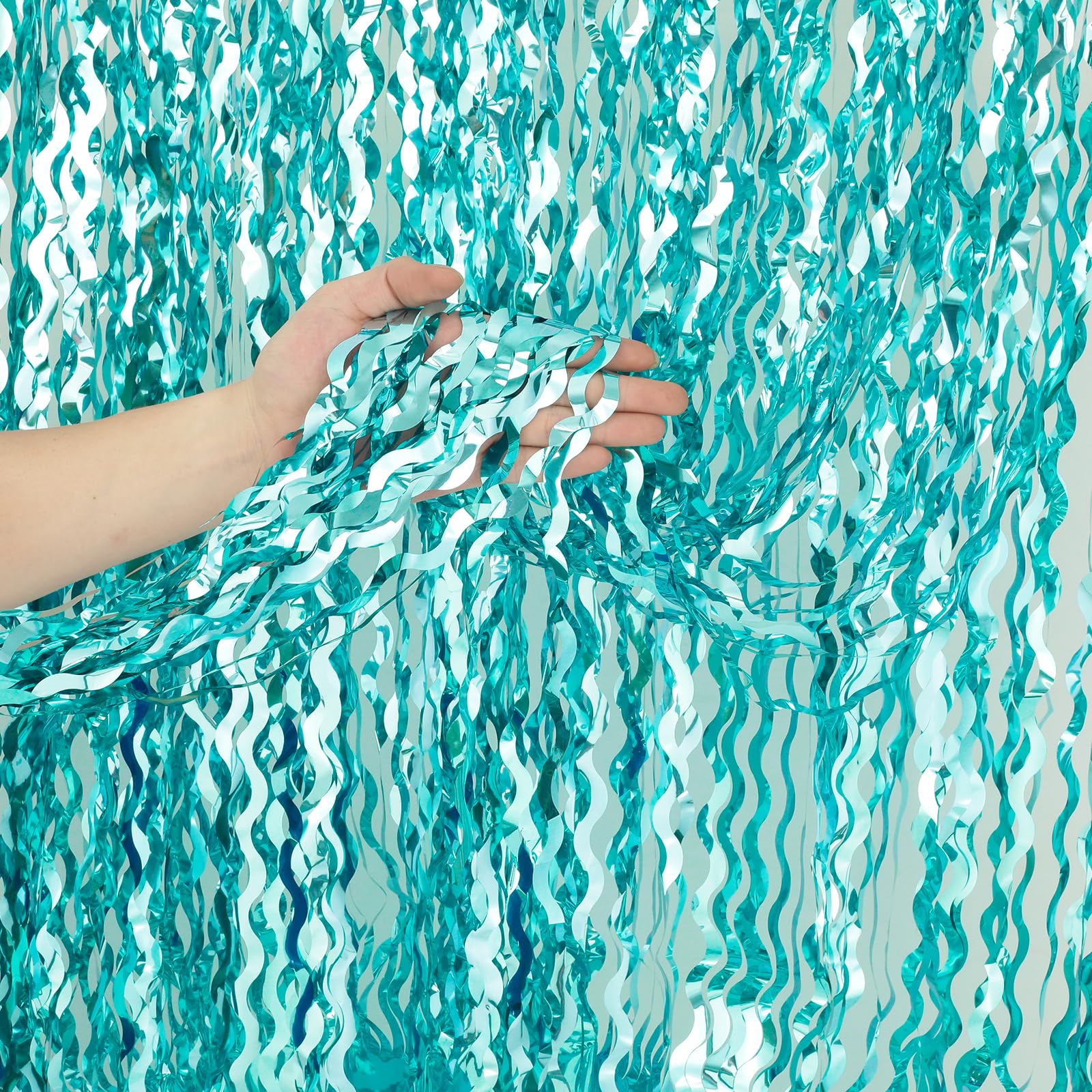 4 Pack 3.3 ft x 6.6 ft Wavy Aqua Teal Blue Tinsel Foil Fringe Curtains Backdrop - Wave Metallic Foil Curtains for Wedding Girl Princess Bachelorette Euphoria Theme Party Decoration