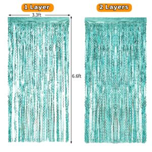 4 Pack 3.3 ft x 6.6 ft Wavy Aqua Teal Blue Tinsel Foil Fringe Curtains Backdrop - Wave Metallic Foil Curtains for Wedding Girl Princess Bachelorette Euphoria Theme Party Decoration