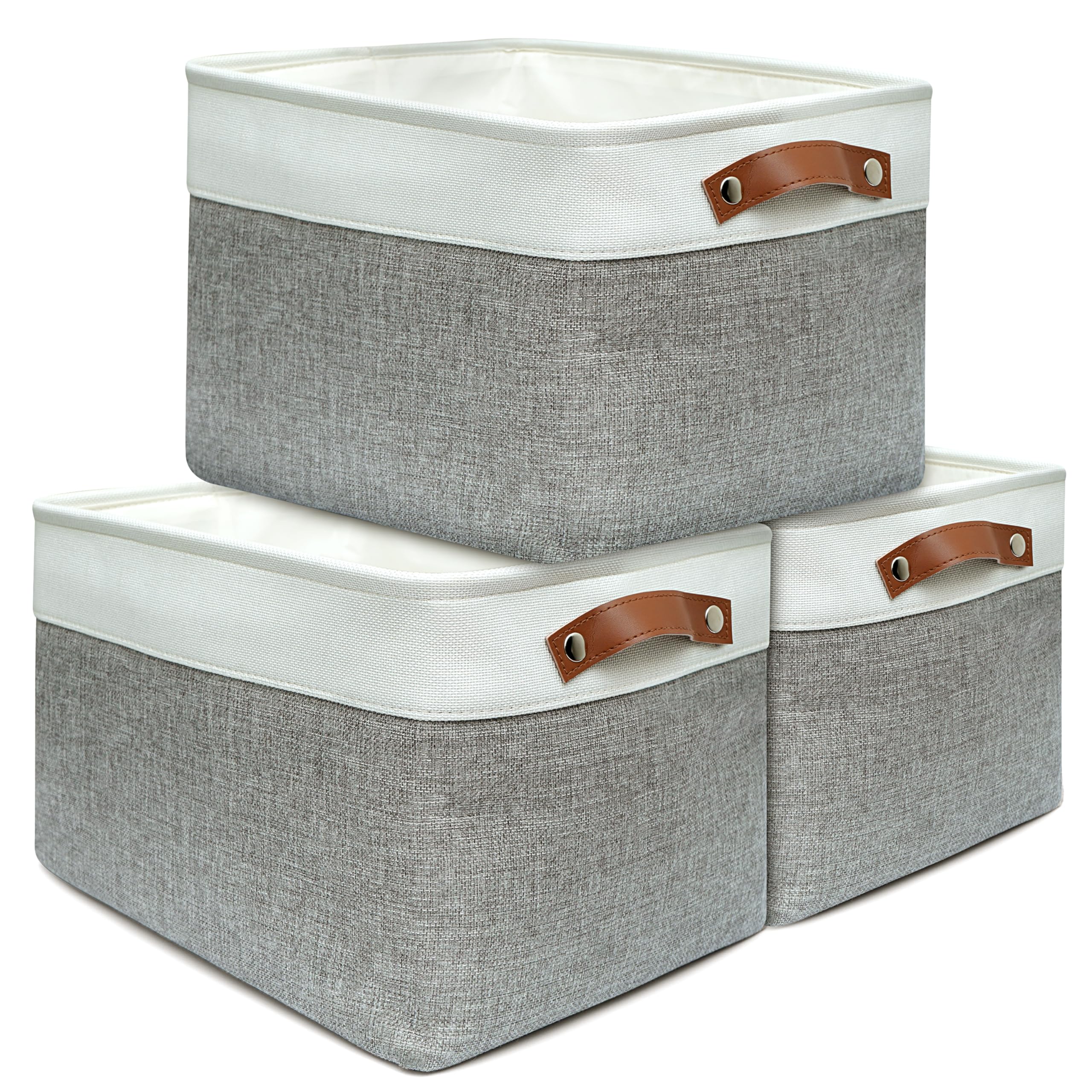 Generic Storage Bins, Fabric Storage baskets for shelves 3 Pack , Foldable Storage Linen Closet Organizer For Toys , Clothes , Home , Office 15×11×9.5 inches (Grey &White), BS1122