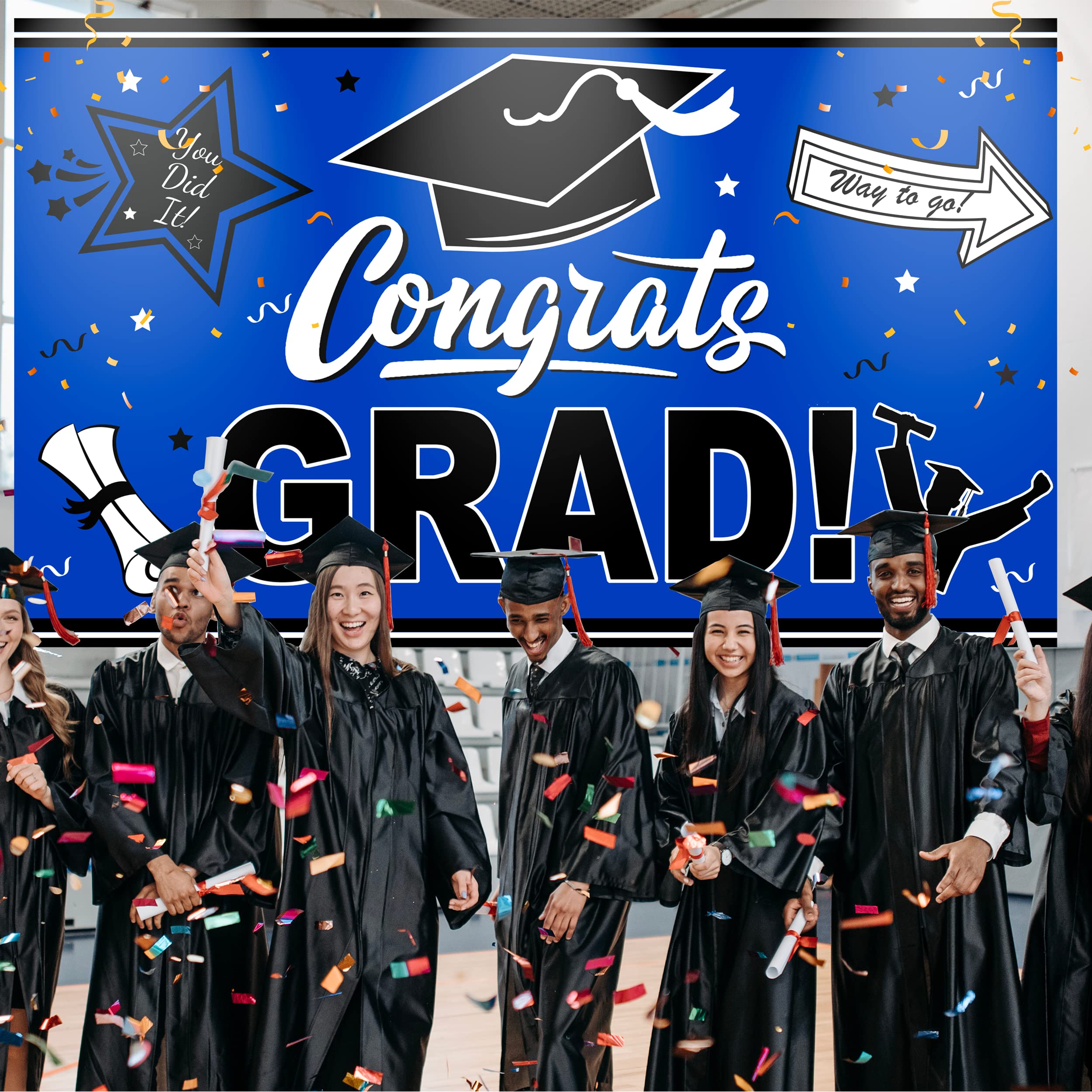 Congrats Grad Banner - 72x44 Inch | Graduation Party Decorations 2024 Blue and Black | Graduation Banner 2024 | Graduation Decorations Class of 2024 | Blue 2024 graduation decorations (Blue)