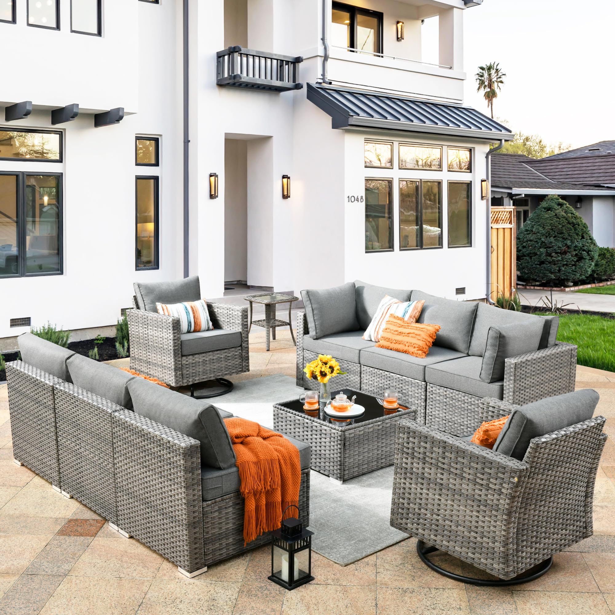 CAODOC Patio Furniture Set, 10 Piece Outdoor Sofa Couch with Rocker Swivel Chairs, Ottomans and Cushions, Wicker Rattan Sofa Set for Yard Garden Porch, Dark Gray