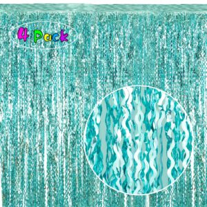 4 pack 3.3 ft x 6.6 ft wavy aqua teal blue tinsel foil fringe curtains backdrop - wave metallic foil curtains for wedding girl princess bachelorette euphoria theme party decoration