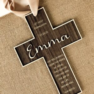 personalized engraved wood cross, christian wooden cross for baptism, holy communion, confirmation or newborn gift keepsake with custom name and date with message (walnut)