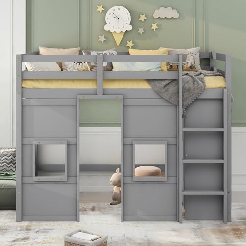 BOVZA Twin Size Loft Bed with Built-in Storage Wardrobe and 2 Windows, Wood Playhouse Loft Bed Frame with High Guard Rails for Kids Boys Girls Teens, Gray