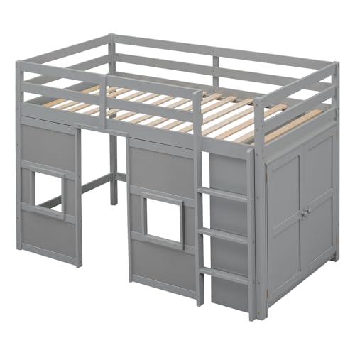 BOVZA Twin Size Loft Bed with Built-in Storage Wardrobe and 2 Windows, Wood Playhouse Loft Bed Frame with High Guard Rails for Kids Boys Girls Teens, Gray