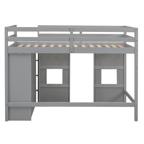 BOVZA Twin Size Loft Bed with Built-in Storage Wardrobe and 2 Windows, Wood Playhouse Loft Bed Frame with High Guard Rails for Kids Boys Girls Teens, Gray