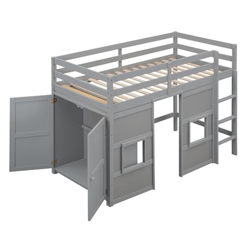 BOVZA Twin Size Loft Bed with Built-in Storage Wardrobe and 2 Windows, Wood Playhouse Loft Bed Frame with High Guard Rails for Kids Boys Girls Teens, Gray