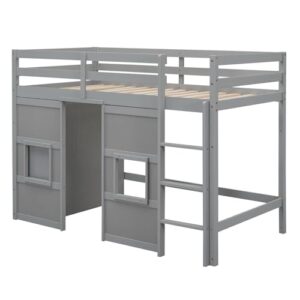 BOVZA Twin Size Loft Bed with Built-in Storage Wardrobe and 2 Windows, Wood Playhouse Loft Bed Frame with High Guard Rails for Kids Boys Girls Teens, Gray