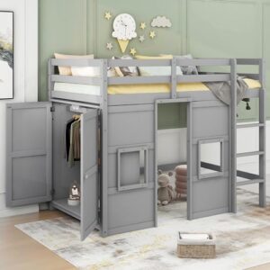 BOVZA Twin Size Loft Bed with Built-in Storage Wardrobe and 2 Windows, Wood Playhouse Loft Bed Frame with High Guard Rails for Kids Boys Girls Teens, Gray