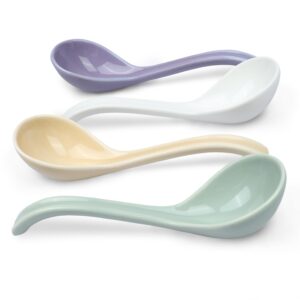 Asian Soup Spoon Set of 4,Ceramic Ramen Spoons, Japanese Soup Spoon Long Handle Perfect Depth for Dumpling, Pho, Noodles, Miso, Chinese Wonton