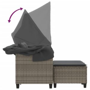 vidaXL Gray Poly Rattan Patio Loveseat with Retractable Canopy and Matching Stools - Outdoor 2-Seater Sofa - Weather-Resistant Garden Furniture