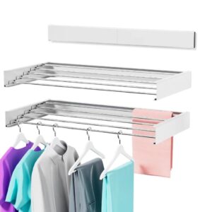 rimyew wall mounted drying rack, laundry drying rack collapsible, retractable clothes drying rack - 31.5" wide, 5 aluminum rods, 60 lb capacity, towel drying rack with wall template, white