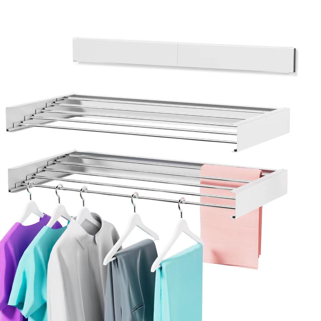 Rimyew Wall Mounted Drying Rack, Laundry Drying Rack Collapsible, Retractable Clothes Drying Rack - 31.5" Wide, 5 Aluminum Rods, 60 lb Capacity, Towel Drying Rack with Wall Template, White